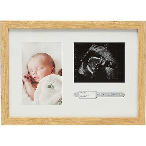 Kate & Milo Bracelet ID Photo and Sonogram Frame, Pregnancy Keepsake Frame, Wooden Newborn Baby Sentiment Frame