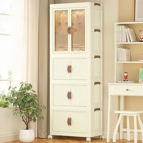 Roqao Portable Kids Wardrobe Closet with Doors, 22.0"×13.4"×61.6" Collapsible Plastic Baby Wardrobe Storage Cabinet with Wheels Hanging Rod and 10 Hangers Kids Closet for Baby Clothes Organizer