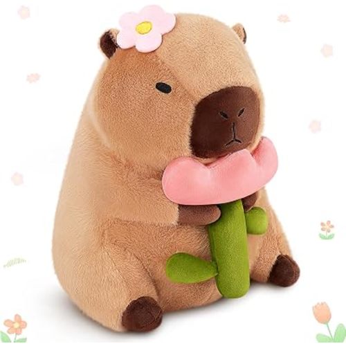 Achwishap Capybara Plush, 16” Brown Capybara Stuffed Animals Holding Flower