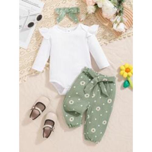 Autumn And Winter New Baby White Ruffle Long Sleeve Daisy Floral Trousers Two-Piece Set Of Baby Girl Clothes