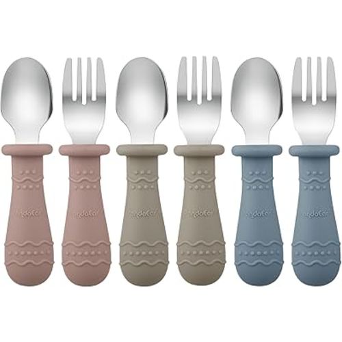 PandaEar Toddler Utensils, 6 Pack Kids Spoons and Forks, 18/8 Stainless Steel & Food Grade Silicone Children Silverware Set, Dishwasher Safe (Blue/Brown/Red)