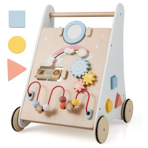 Costway 7 in 1 Activity Walker Wood Push Pull Learning Cart w/Shape Matching & Building Blocks