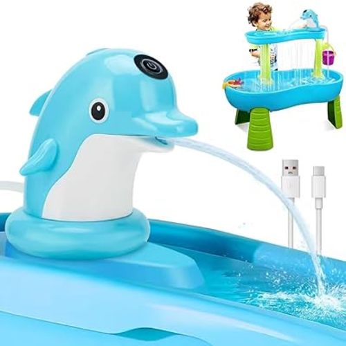 Dolphin Water Table Pump Toy for Kids - Battery Powered - 3 Hours of Non-Stop Work Fun Summer Water Fountain Play Table Accessories for Toddlers (Blue)