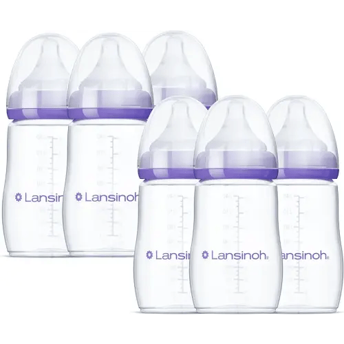 Lansinoh Anti-Colic Baby Bottles for Breastfeeding Babies, 8 Ounces, 6 Count, Includes 6 Medium Flow Nipples, Size M