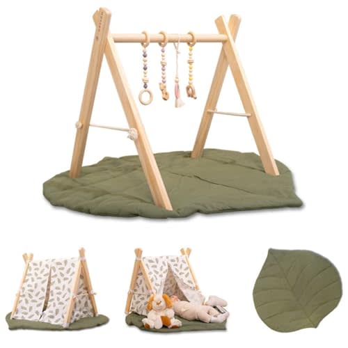 Wossen® Wooden Baby Play Gym Set and PlayTent Cover, Naturel Baby Gym, Reliable Toys, Ergonomic and Multipurpose Use, Mat and Play Tent Cover, Newborn Gift for Baby Girl and Boy