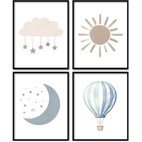 foedor Boho Nursery Wall Art Prints Set of 4, Boho Nursery Decor Girl Boy, Boho Sun Moon Stars Cloud Air Balloon Wall Decor Posters for Classroom Toddler Kids Room Playroom Nursery, 8x10 Unframed
