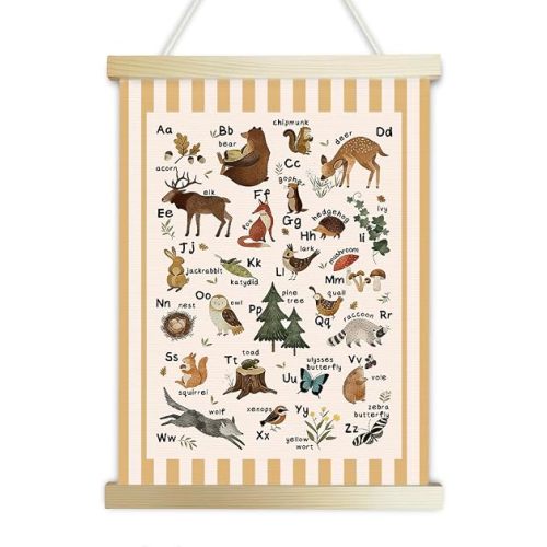 QWFFNBMU Woodland Animals Alphabet Nursery Wall Decor, Yellow Stripe Educational Kids Nursery Canvas Banner Framed Poster Wall Art Decor for Playroom Classroom Kids Toddler Room 12x16 inches