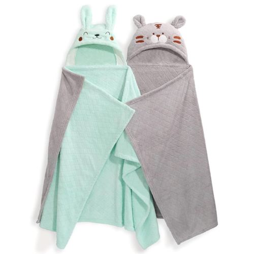Toddler Towels with Hood Age 0-5,2 Pcs Coral Fleece Baby Hooded Towel,Hooded Bath Towels for Toddlers with 1-3 Large Size 50 * 32 Inch,Ultra Absorbent and Soft Hooded Baby Towel Green&Grey Set