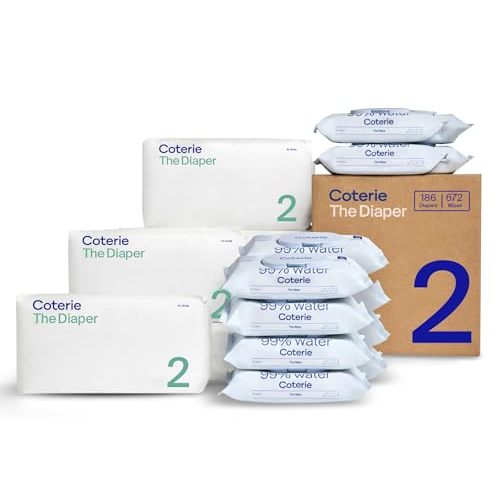 Coterie Baby Wipes + Diapers Kit, Size 2 Diapers (186 Count) & 12 Pack (672 Count) Baby Wipes with 99% Water, Plant Based Materials, Hypoallergenic for Sensitive Skin