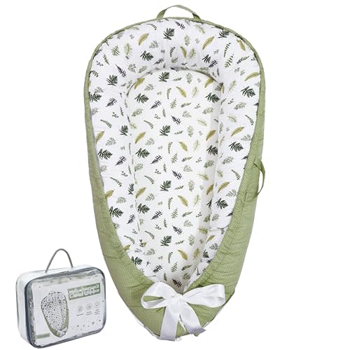 Aila+Aiden Baby Lounger | Organic Cotton Infant Lounger | Reversible, Adjustable & Portable Floor Lounger |Supervised Use | Soft, Breathable, Washable Cover - Star Collection (Sage Leaf)