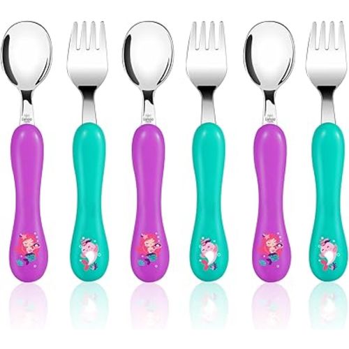 Lehoo Castle Toddler Fork and Spoon, 6pcs Toddler Utensils Kids Silverware, Safe Stainless Steel Toddler Fork Spoon Set, Children Flatware Set, Incudes 3 Spoons and 3 Forks (Mermaid)