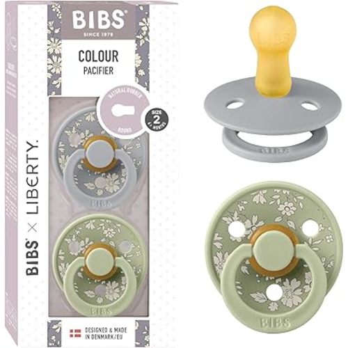 BIBS Colour Liberty Soother 2-Pack, BPA Free Dummy Pacifier, Round Nipple. Natural Rubber Latex, Made in Denmark, Size 2 (6-18 Months), Capel Sage