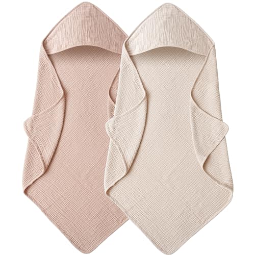 MairMore Muslin Baby Towels with Hood for Newborn 100% Cotton Baby Bath Towels Soft & Absorbent Hooded Baby Towel for Boys and Girls, Large Size - 32 * 32 Inches (Ivory & Pink)