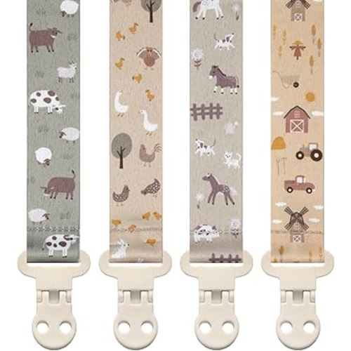 Stadela Baby Pacifier Clip Holder - Unisex 4 Pack Gift Set – Farm Animals Barn and Tractors Neutral