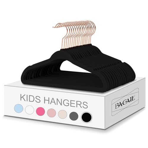 BAGAIL Kids Velvet Hangers 13.75 Inches Children's Clothes Hangers Non-Slip Baby Hangers for Infant/Toddler (Black/Rose Gold,50pack)
