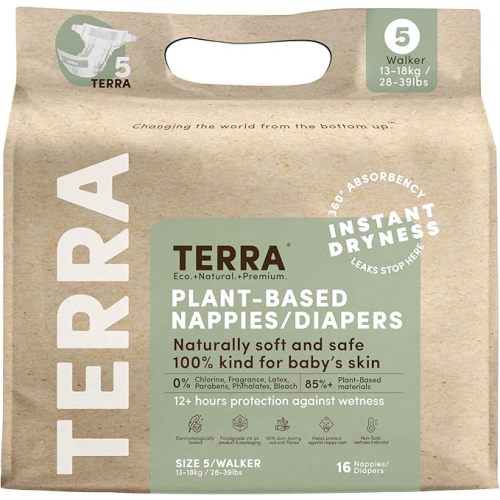 Terra Size 5 Diapers: 85% Plant-Based Diapers, Ultra-Soft & Chemical-Free for Sensitive Skin, Superior Absorbency for Day or Nighttime Diapers, Designed for Toddlers 28-39 Pounds, 16 Count