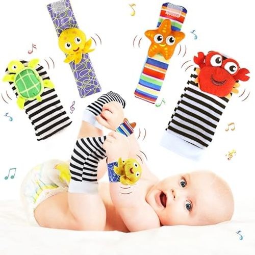 Foot Finders & Wrist Rattles for Infants Developmental Texture Toys for Babies & Baby Toy Socks & Infant Wrist Rattle, Newborn Toys for Baby Boys Girls, Baby Boy Girl Toys 0-3 3-6 6-9 9-18 Months - Multicoloured