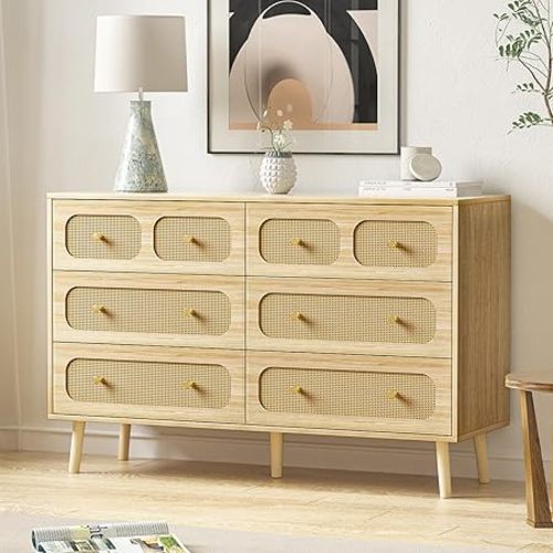 Rattan Dresser for Bedroom, Modern 6 Drawer Double Dresser with Gold Handles, Natural Wood Storage Dressers & Chests of Drawers, 6 Drawer Dressers