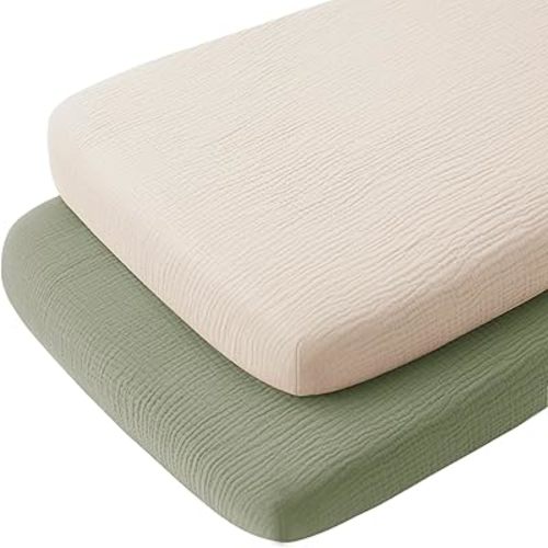 Konssy 2 Pack Muslin Bassinet Sheets for Baby Boy, 100% Cotton Soft Breathable Bassinet Mattress Sheets Fit for Hourglass Oval Cradle Rectangle Mattress (Fog Green,Cream)