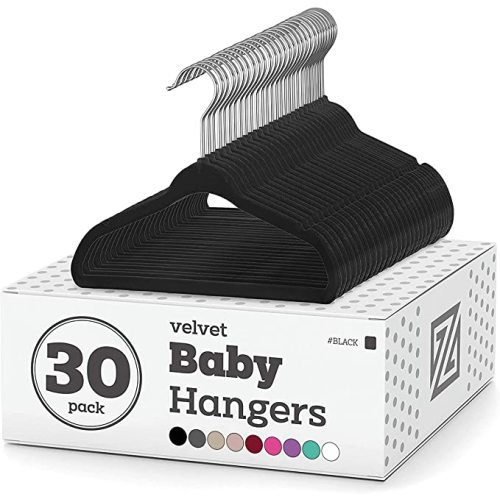 Zober Velvet Baby Hangers for Closet - Pack of 30 Non Slip Toddler Hangers for Shirts, Pants & Dresses w/ Swivel Hook - Durable Infant Hangers w/ Notches - Small Baby Hangers - Black - Baby - 30 Pack