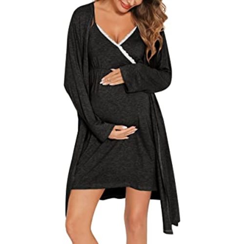 SWOMOG Womens Maternity Robe 2 Piece Nursing Nightgown for Breastfeeding 3 in 1 Labor Delivery Nursing Dress Lace Bathrobe