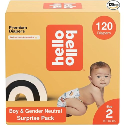Hello Bello Diapers, Size 2 (10-16 lbs) Surprise Pack for Boys - 120 Count of Premium Disposable Baby Diapers, Hypoallergenic with Soft, Cloth-Like Feel - Assorted Boy & Gender Neutral Patterns 160002 - Boy/Neutral