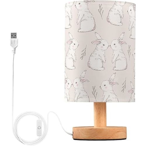 Table Lamp White Bunny Rabbits Pattern Nightstand Lamp with Wood Base Fabric Lamp Shade Bedside Desk Lamp for Living Room Bedroom Kids Room Office