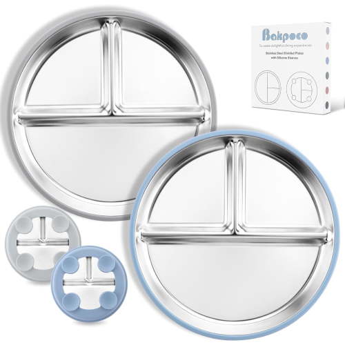 Stainless Steel Toddler Plate with Suction, 9” Divided Plates with Removable Silicone Sleeves for Kids, Non Toxic & BPA Free | Non Slip | Unbreakable Baby Snack Dishes Set of 2, Blue & Gray