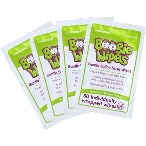 Boogie Wipes Single Packs, Unscented, Wipes Away Dirt and Germs, Natural Saline Tissue with Aloe, Chamomile and Vitamin E, 1 Count, Pack of 50