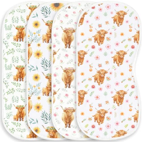 4 Pack Baby Burp Cloths for Boys Girls, Soft Cotton, Highland Cow Floral Theme Design, Super Absorbent Baby Burping Cloths for Newborns, Machine Washable and Reusable Baby Spit-Up Cloths