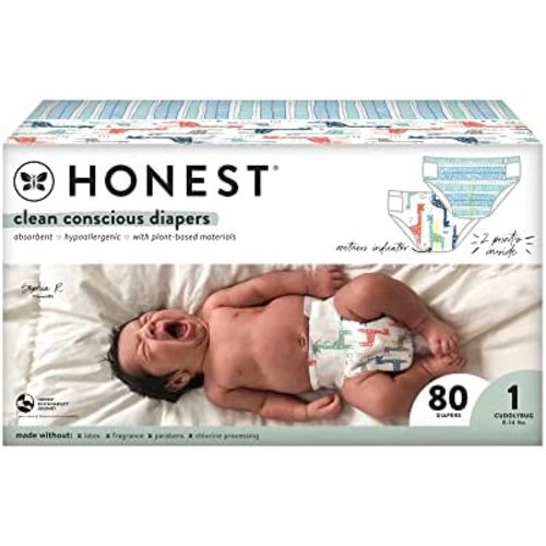 The Honest Company Clean Conscious Diapers | Plant-Based, Sustainable | Dots & Dashes + Multi-Colored Giraffes | Club Box, Size 1 (8-14 lbs), 80 Count