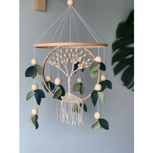 Baby mobile forest, crib mobile tree and leafs, Nursery mobile green floral baby mobile, macrame handing mobile, woodland crib mobile