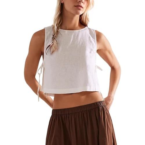 Crew Neck Crop Tank Tops for Women Loose Split Tie Side Sleeveless Cotton Linen Tops Summer Boxy Cropped Vest Tops