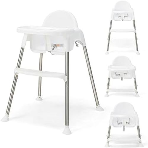 HONEY JOY Baby High Chair, 4 in 1 Convertible Highchair for Babies and Toddlers, Adjustable Legs, Double Removable Tray & Footrest, 3-Point Safety Harness for Infants Boys Girls (White)