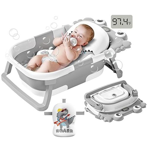 Collapsible Baby Bathtub for Newborns to Toddler with Real-time Temp Monitor & Floating Cushion,Portable Travel Tub for 0-36 Month, Foldable Baby Bath Tub for Infants Girl (Pink)