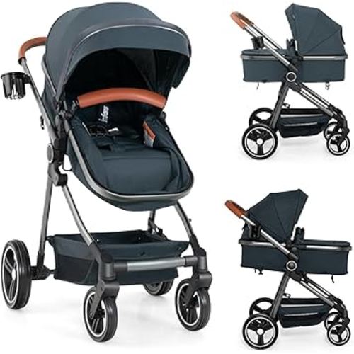INFANS 2 in 1 High Landscape Convertible Baby Stroller, Newborn Reversible Bassinet Pram, Foldable Pushchair with Adjustable Canopy, Aluminum Structure, 5-Point Harness for Infant Toddler (Black)
