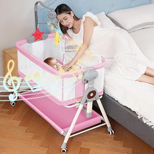 Baby Bassinet, Rocking Bassinet 3 in 1 Bassinets Bedside Sleeper with Musical Toys, Bedside Bassinet for Baby with Storage Basket and Wheels, Adjustable Bedside Crib for Newborn (Pink)