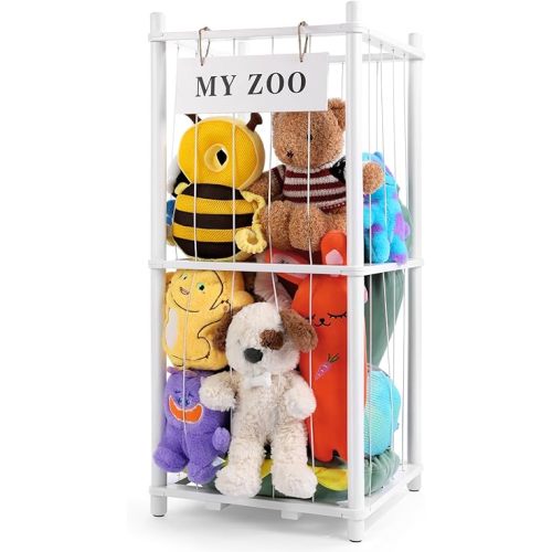 Stuffed Animal Storage Zoo, Wooden Stuffed Animal Organizer with Elastic Cords for Boys Girls, Space Saving Toy Plushies Storage Holder for Playroom, Bedroom, Living Room (White, Small)