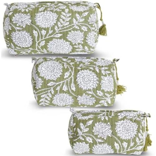 LKGSM RUGS 3pcs Quilted Cotton Tiger Print Travel Toiletry Bags, Cosmetic Organizer Set Make up Bag (J)