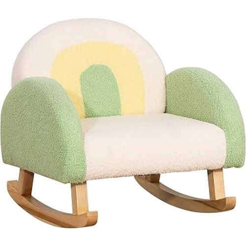 Qaba Kids Sofa, Toddler Rocking Chair with Solid Wooden Frame, Faux Lamb Fleece Fabric, Kids Arm Chair for Nursery or Playroom, Ages 18-36 Months, Green