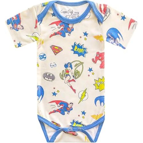 Copper Pearl Short Sleeve Bodysuit Baby: Ultra Soft Bodysuits for Newborns and Infants - Stylish, Comfortable, Overlap Shoulders, Premium Knit Fabric - Justice League™, 6-12 Months