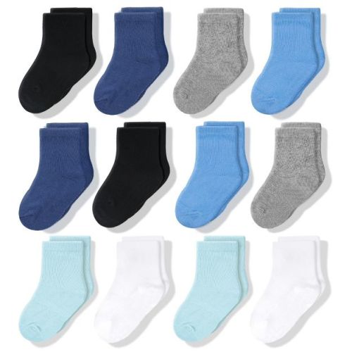 Cozyway Crew Cotton Baby Socks - 12 Pack Stretch Baby Socks, Infant Socks - 6-12 Months - Multicolored - Blue/White/Black/Gray