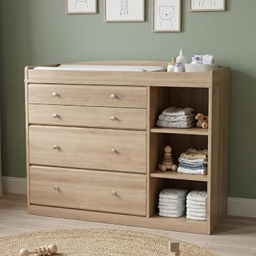 Baby Dresser with Changing Table Top, 47.2" Natural Wood Changing Table Dresser for Nursery, 4 Drawers & Adjustable Open Shelves, 2-in-1 Nursery Storage Organizer with Removable Topper