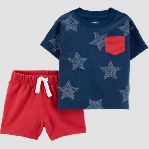 Carter's Just One You® Baby Boys' 2pc Stars Top & Bottom Set - Navy Blue/Red 18M: Cotton T-Shirt & Pull-On Shorts, French Terry