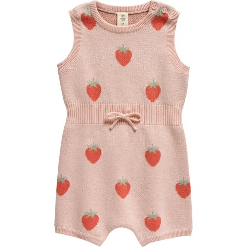 Baby Ribbed Waist Cotton Romper, 9M, Pink English- Multi Strawberry