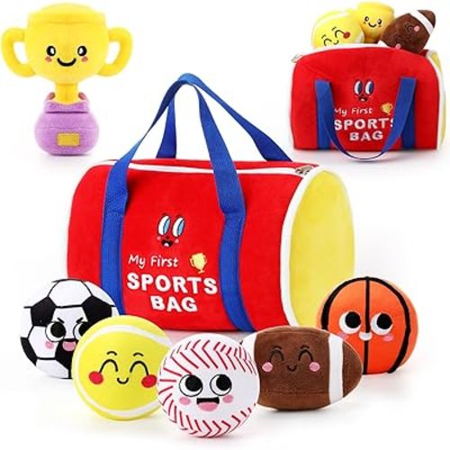 HyDren 7 Pcs My First Sports Bag Plush Toys Playset, Bulit-in Bell Baby Sports Balls and Trophy for Toddlers Age 1-3 and up, Baby Gift Throwing Toys for Boys and Girls Early Education