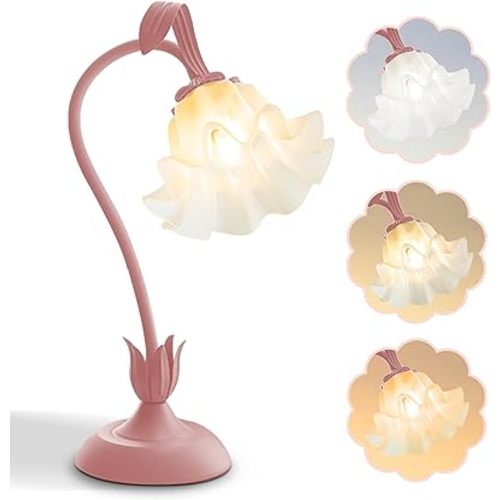 Flower Table Lamp,LED Reading Light Bedside Vintage Flower Night Light,3 Colors Modes Kawaii Bedside Lamps Decor,Living Room Bedroom Room Lighting Table Lamps Home Decoration (Pink)