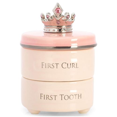 DEMDACO First Tooth and Curl Pink Ceramic Stoneware Children's Stackable Keepsake Box, 1 Count (Pack of 1)