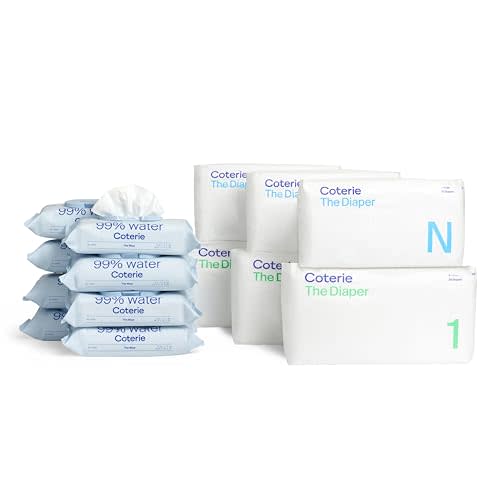 Coterie Baby Wipes + Diapers Kit, Size 1 (99 Count) & Size Newborn Diapers (93 Count), 8 Pack (448) Baby Wipes with 99% Water, Plant Based Materials, Hypoallergenic for Sensitive Skin
