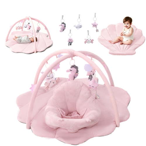 Baby Gym Playmat with Seat Cushion, Tummy Time Mat, 6 Detachable Toys for Infant Newborn Toddler 0-18 Months,Pink